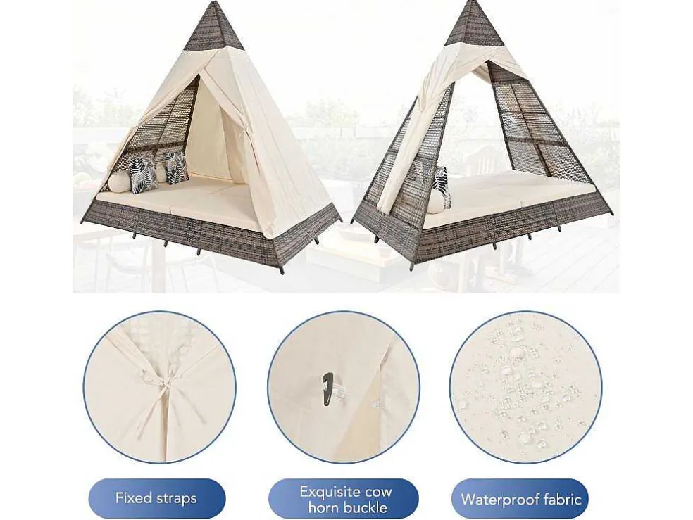 Hemel Tuinbed 2 Tot 4 Plaatsen - Grijs Rotan En Beige Deurgordijn - Inclusief Kussens - Voor Buiten