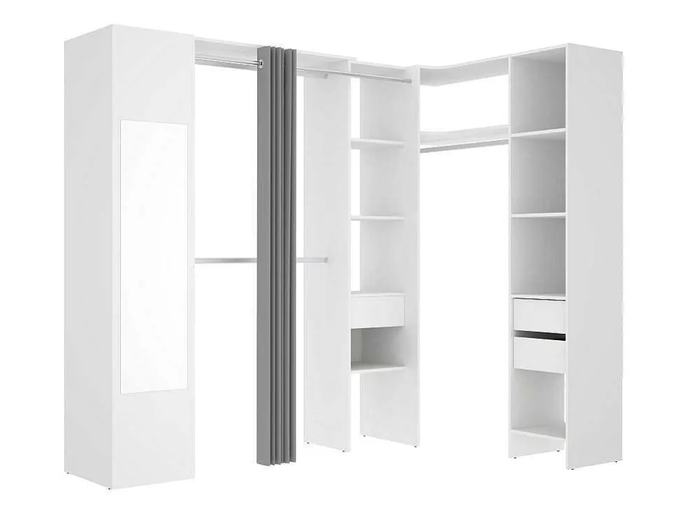 Hoekkledingkast Met Gordijn En 1 Deur - Met Spiegel - L231 Cm - Wit En Grijs - Bertrand