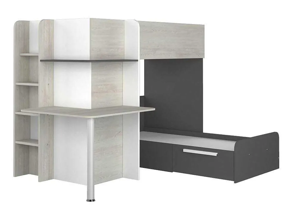 Hoekstapelbed 2 X 90 X 190 Cm - Met Bureau - Grijs, Wit En Zwart - Samuel