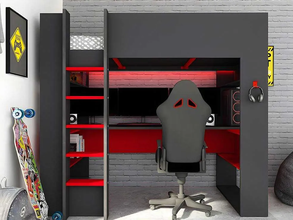 Hoogslaper Gamer Noah Met Bureau En Opbergruimtes - 90 X 200 Cm - Met Led'S - Antraciet En Rood