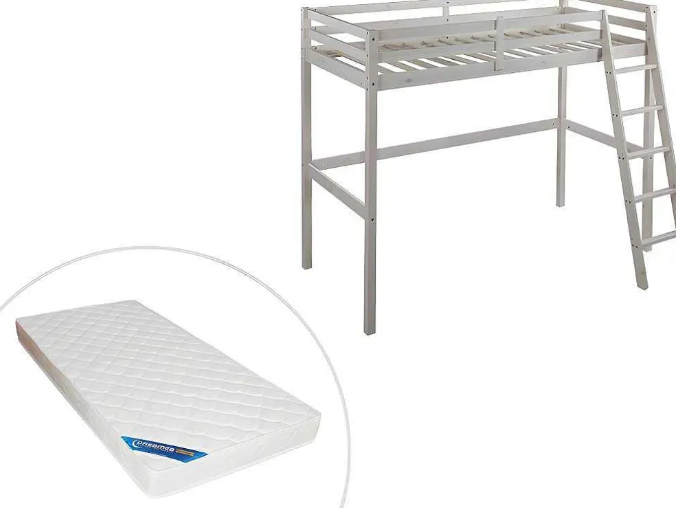 Hoogslaper Gedeon Ii - 90 X 190 Cm - Massief Grenen - Gebleekt + Matras