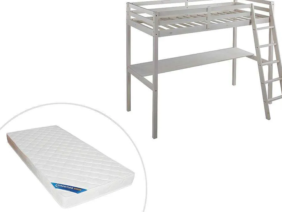 Hoogslaper Gedeon Ii - 90 X 190 Cm - Met Bureau - Massief Grenen - Gebleekt + Matras