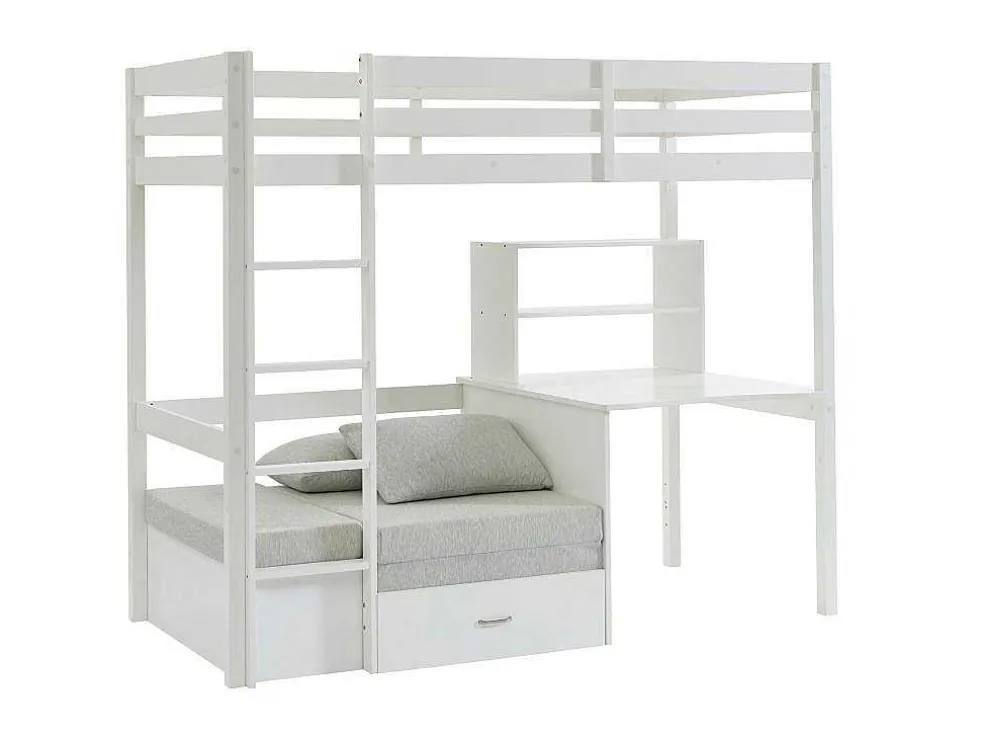 Hoogslaper Goliath Ii Met Bureau, Bedbank En Opbergruimte - 90 X 200 Cm - Massief Grenen - Gebleekt