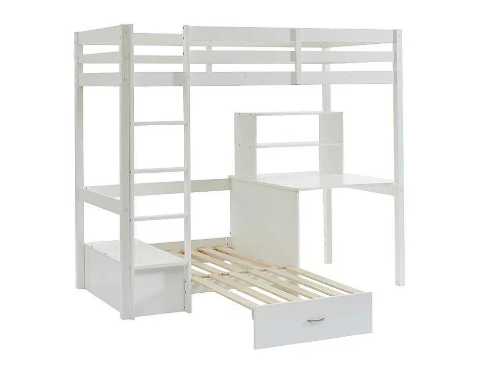 Hoogslaper Goliath Ii Met Bureau, Bedbank En Opbergruimte - 90 X 200 Cm - Massief Grenen - Gebleekt