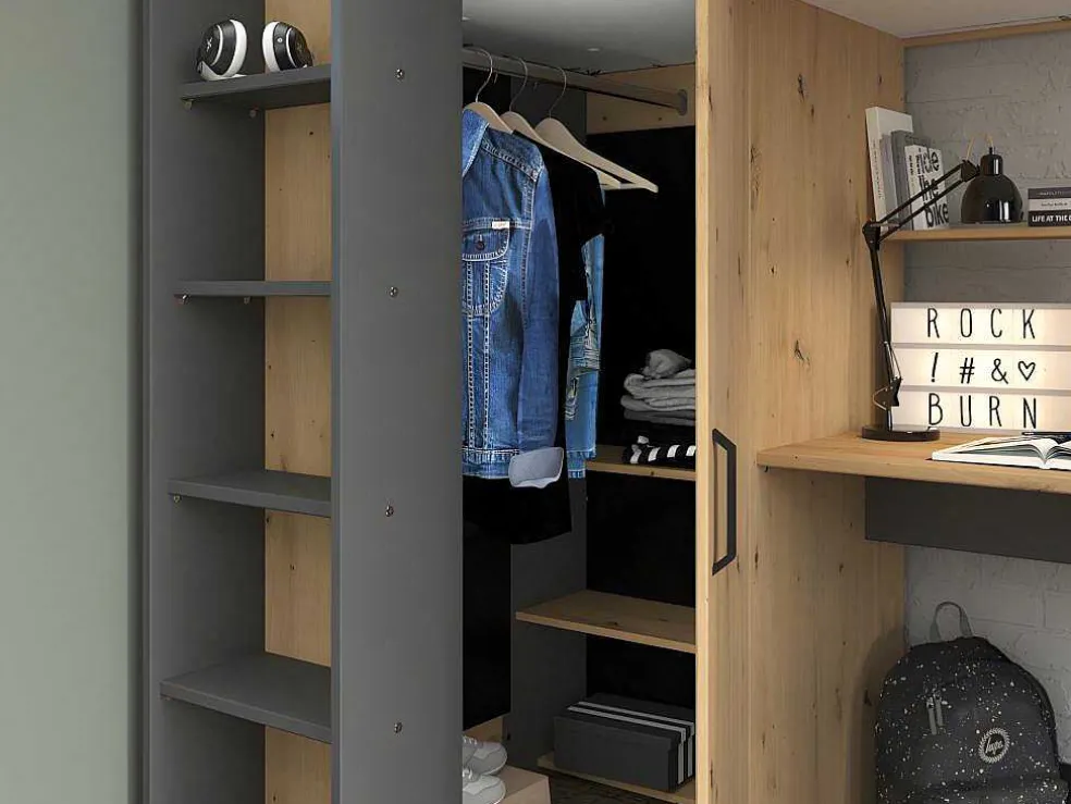 Hoogslaper Met Bureau En Kast - 90X200Cm - Naturel En Antraciet - Auckland