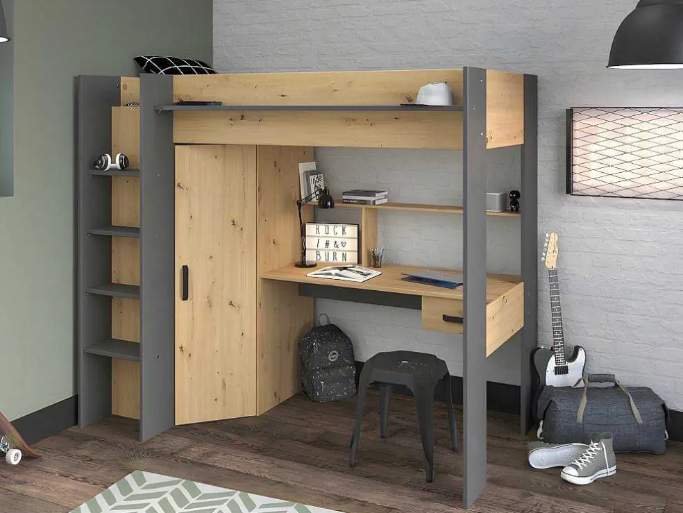Hoogslaper Met Bureau En Kast - 90X200Cm - Naturel En Antraciet - Auckland