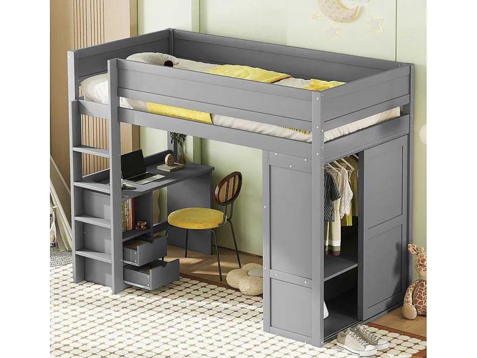 Hoogslaper 90 X 200 Cm Met Bureau + 2 Laden - Kledingkast Met Schuifdeur - Mdf Hout - Grijs