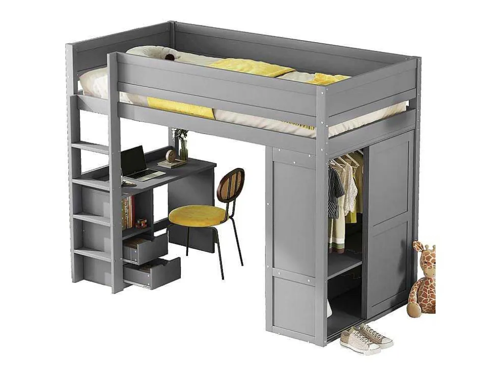 Hoogslaper 90 X 200 Cm Met Bureau + 2 Laden - Kledingkast Met Schuifdeur - Mdf Hout - Grijs