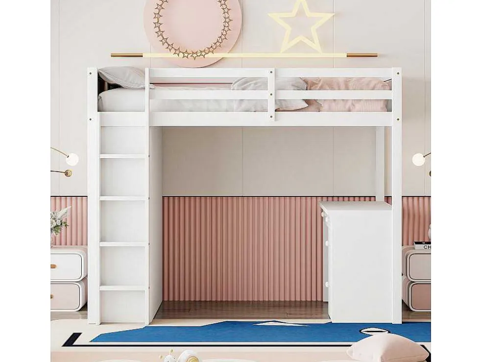 Hoogslaper 90 X 200 Cm Met Bureau, Opbergplanken, Lades En Ladder, Mdf-Hout, Wit
