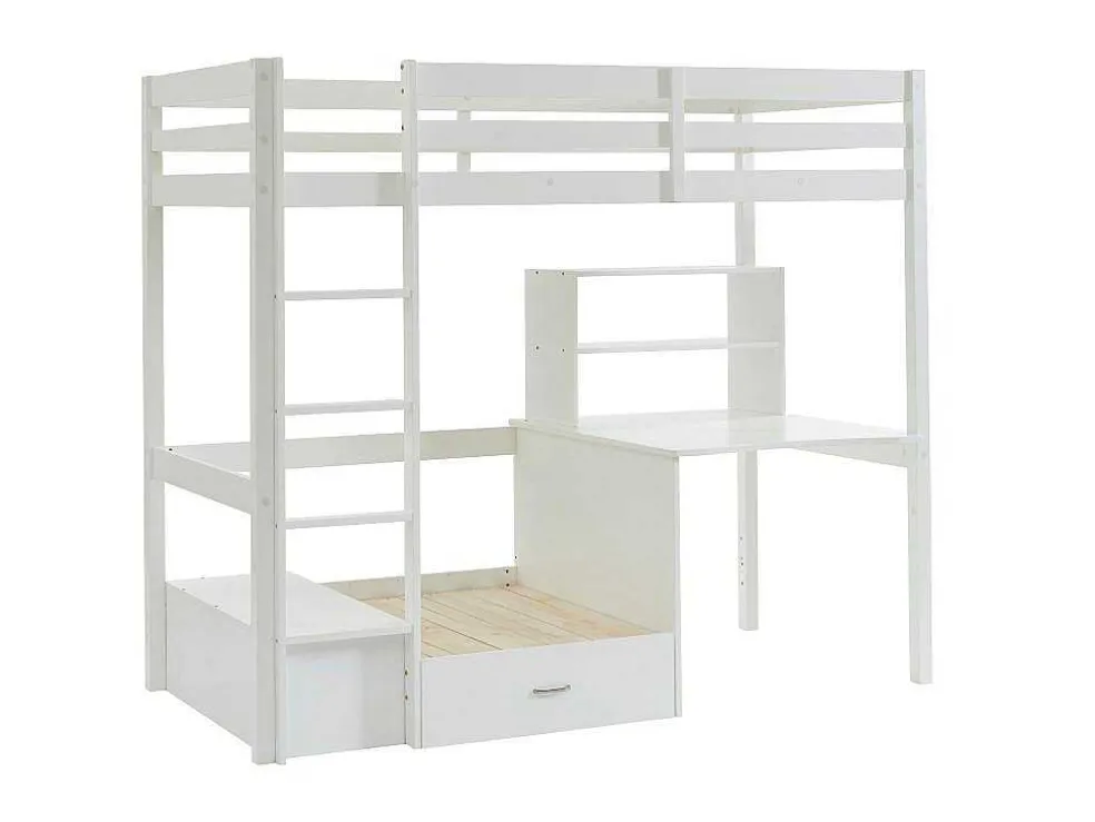 Hoogslaper 90 X 200 Cm Met Bureau, Slaapbank En Opbergruimte - Massief Grenen - Gebleekt + Matras - Goliath Iii