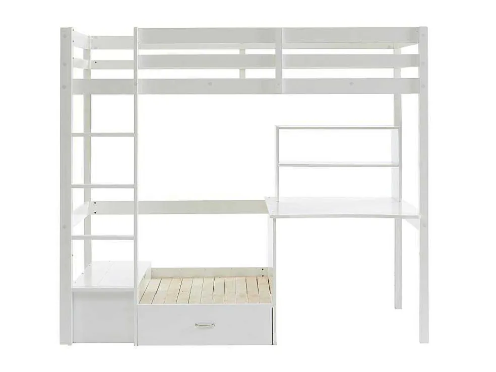 Hoogslaper 90 X 200 Cm Met Bureau, Slaapbank En Opbergruimte - Massief Grenen - Gebleekt + Matras - Goliath Iii