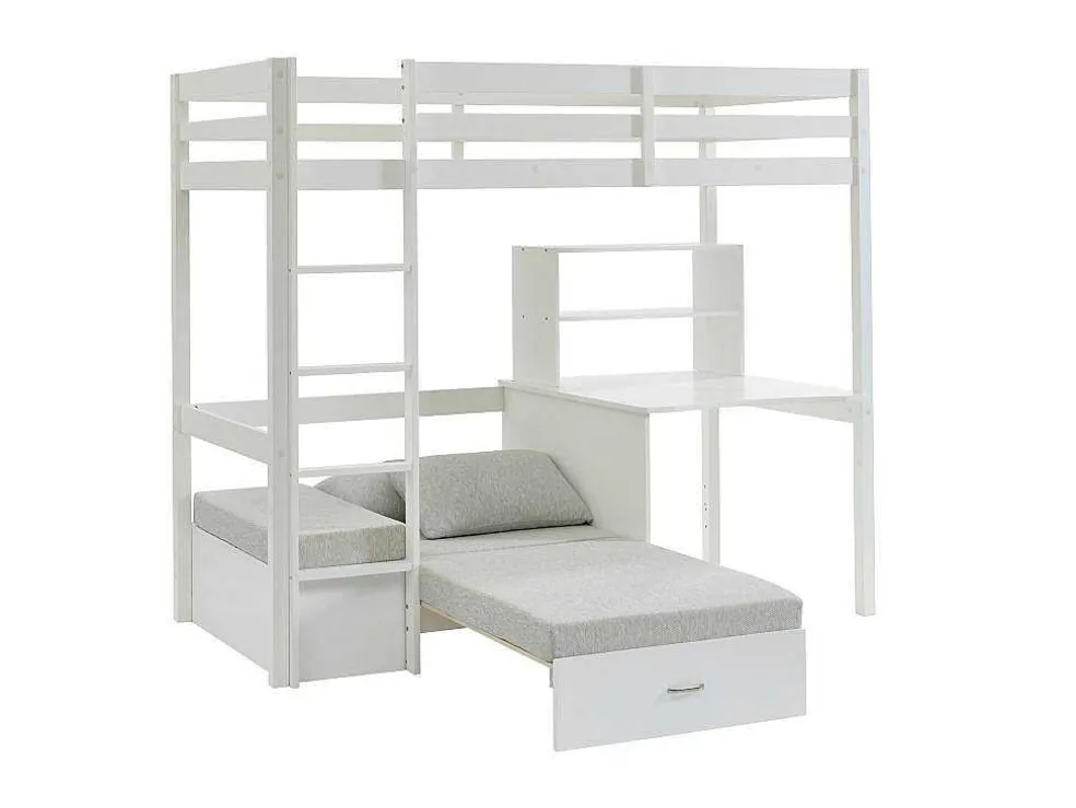 Hoogslaper 90 X 200 Cm Met Bureau, Slaapbank En Opbergruimte - Massief Grenen - Gebleekt + Matras - Goliath Iii