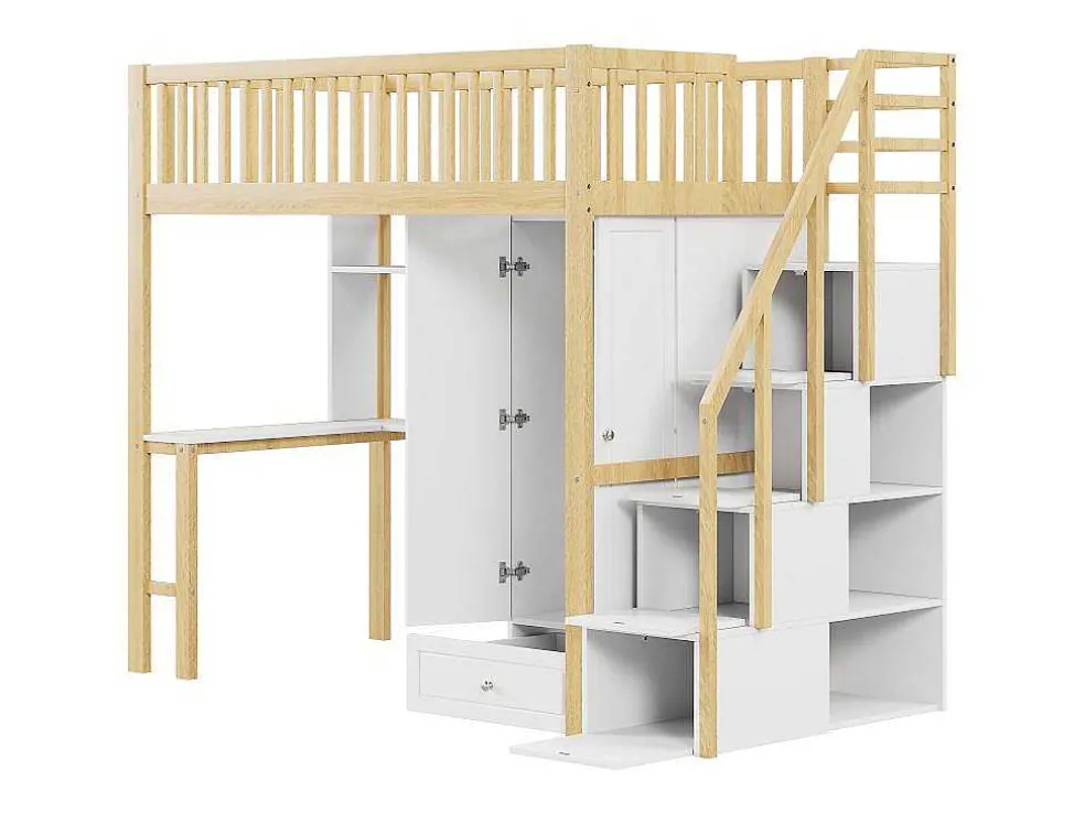 Hoogslaper 90 X 200 Cm Met Grote Kledingkast, Bureau, Boekenkast, Trap En Lades, Alles-In-Een, Mdf Hout, Wit + Eiken