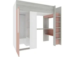 Hoogslaper - 90 X 200 Cm - Met Kast En Bureau - Roze En Wit - Nicolas
