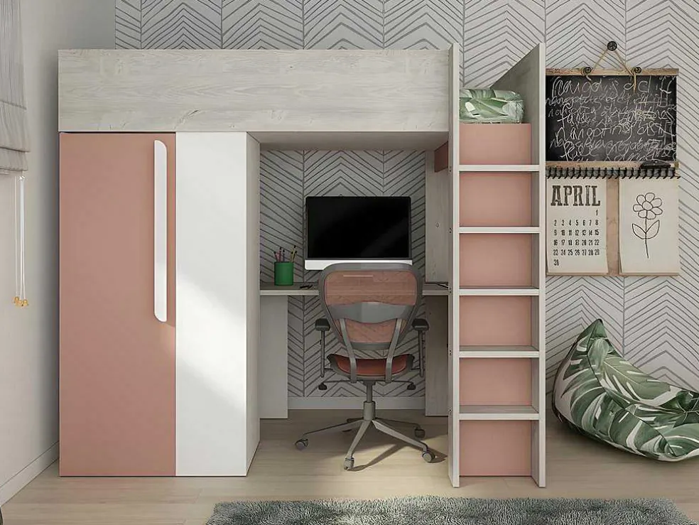 Hoogslaper - 90 X 200 Cm - Met Kast En Bureau - Roze En Wit + Matras -Nicolas