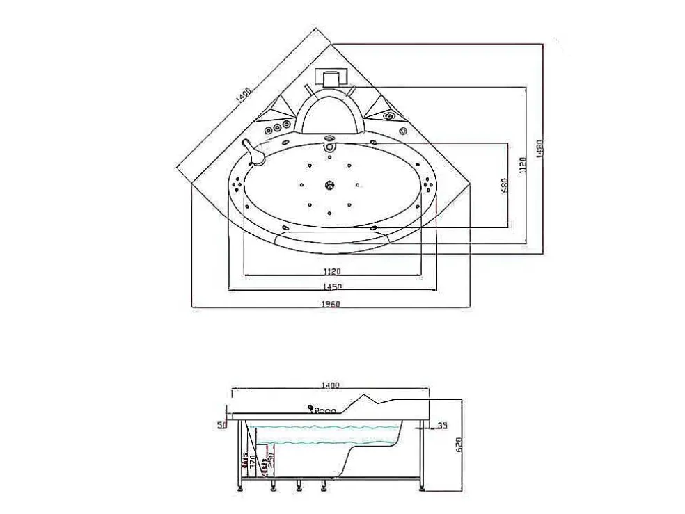 Hydromassage Chromotherapiebad 140 X 140 Cm Met Verwarming En Dubbele Pomp 20 Jets Camelia