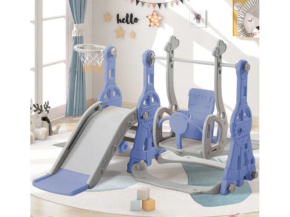 4-In-1 Glijbaan Met Schommel En Basketbalstandaard Voor Kinderen, Klimladder, Voor Binnen En Buiten, Blauw