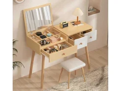 Kaptafel Met Opbergspiegel, 3 Laden, Meerdere Opbergvakken, Grote Opbergcapaciteit - Naturel (Kruk Niet Inbegrepen)