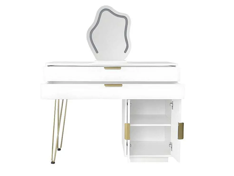 Kaptafel Met Spiegel En Led-Verlichting - 2 Lades En Een Uitneembare Kast - Wit (Kruk Niet Inbegrepen)