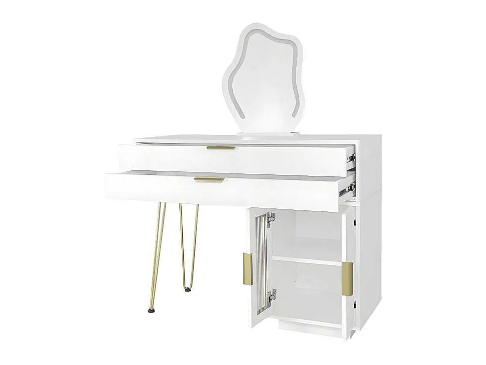Kaptafel Met Spiegel En Led-Verlichting - 2 Lades En Een Uitneembare Kast - Wit (Kruk Niet Inbegrepen)