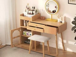 Kaptafel Met Spiegel En Led-Verlichting - 3 Lades En Een Zijkastje - Naturel (Kruk Niet Inbegrepen)