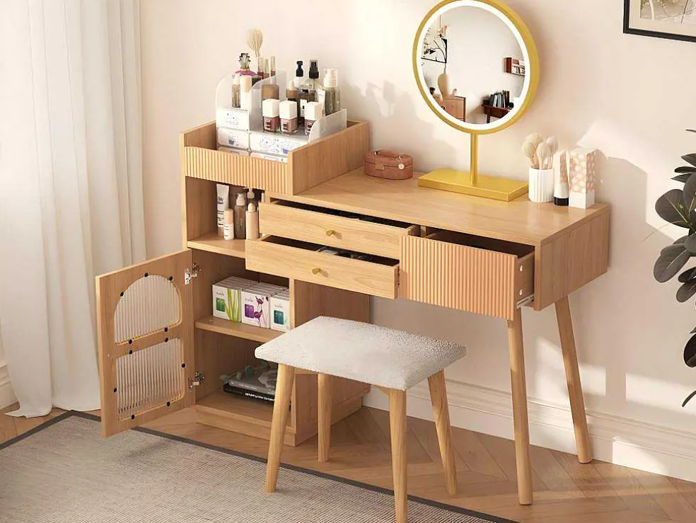 Kaptafel Met Spiegel En Led-Verlichting - 3 Lades En Een Zijkastje - Naturel (Kruk Niet Inbegrepen)