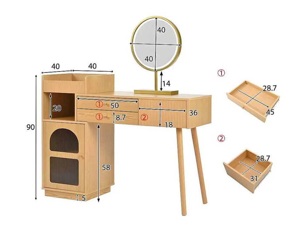 Kaptafel Met Spiegel En Led-Verlichting - 3 Lades En Een Zijkastje - Naturel (Kruk Niet Inbegrepen)
