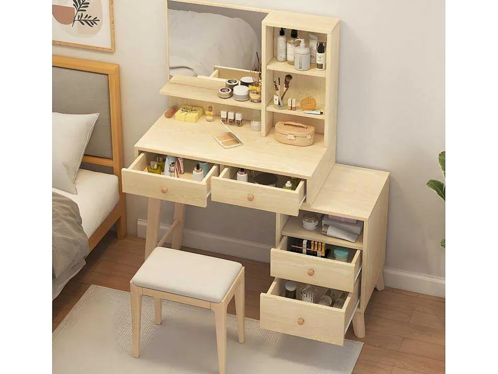 Kaptafel Met Spiegel - 4 Open Vakken En 4 Grote Lades - Naturel (Kruk Niet Inbegrepen)