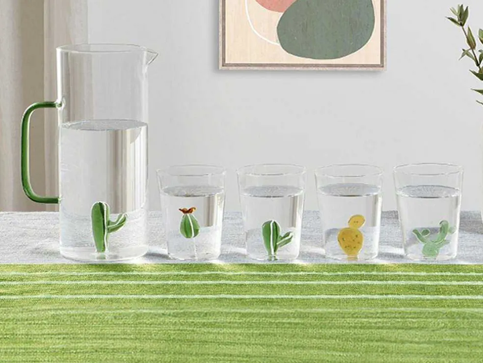 Karaf + Set Van 4 Glazen Met Cactus - Puntia