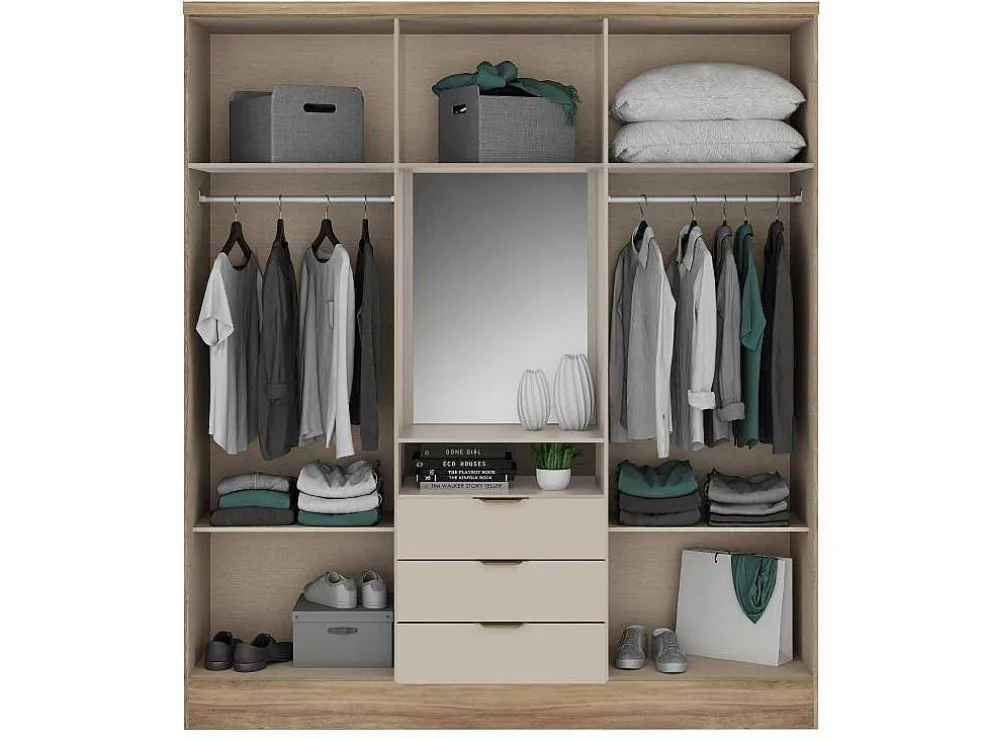 Kast Met 6 Deuren En 3 Lades - Met Spiegel - L180 Cm - Kleur: Naturel En Beige - Elorio
