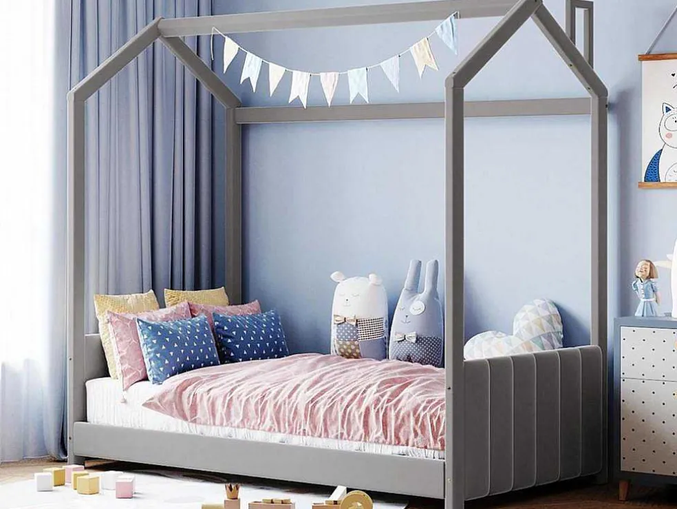 Kinderhutbed 90X200Cm In Fluweel - Lattenbodem - Grijs