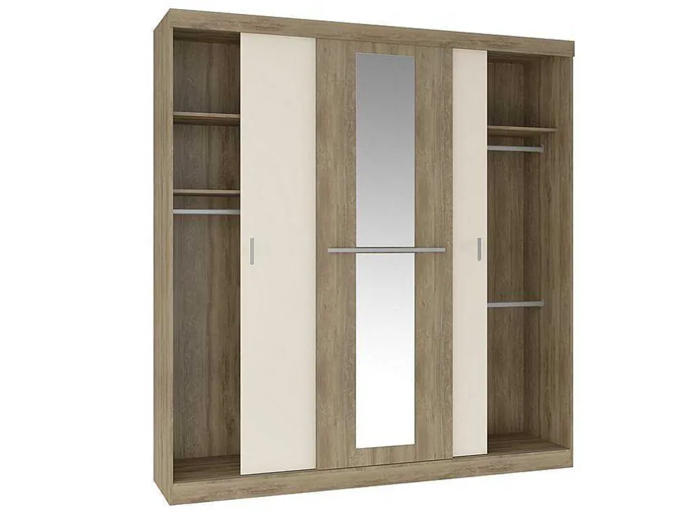 Kledingkast - 3 Schuifdeuren - Met Spiegel - L205Cm - Naturel En Beige - Didda Ii