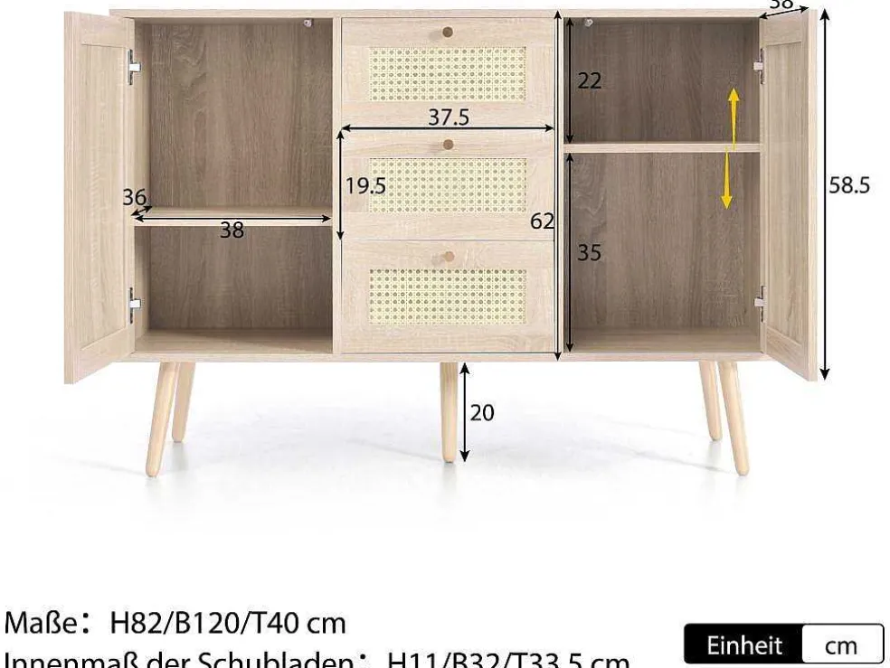 Ladekast 120 X 82 X 40 Cm Met 2 Deuren En 3 Laden In Rotan En Sonoma Eiken, Verstelbare Plank, Beige