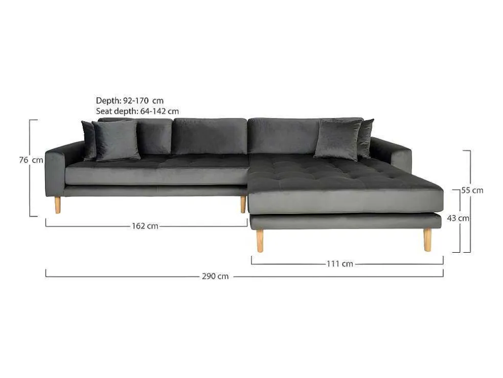 Lido Chaiselong Sofa Rechts Met 4 Kussens, Velour Grijs.