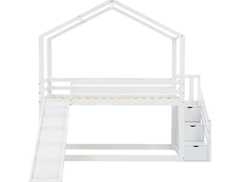 Massief Grenen Stapelbed 90X200Cm - Met Opbergtrap En Glijbaan - Wit