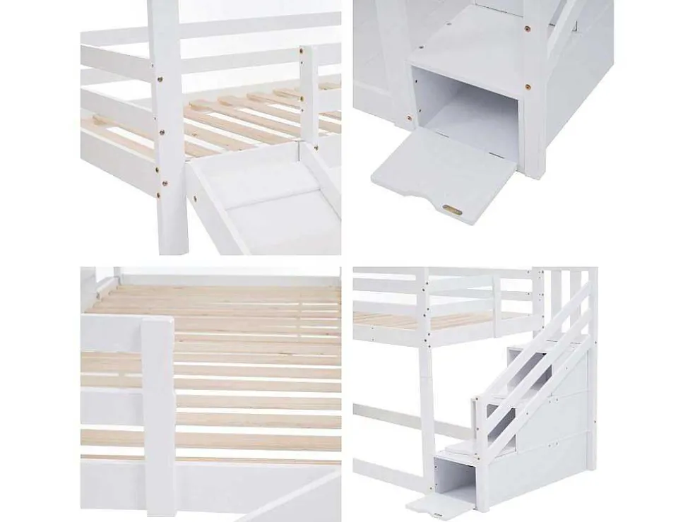 Massief Grenen Stapelbed 90X200Cm - Met Opbergtrap En Glijbaan - Wit