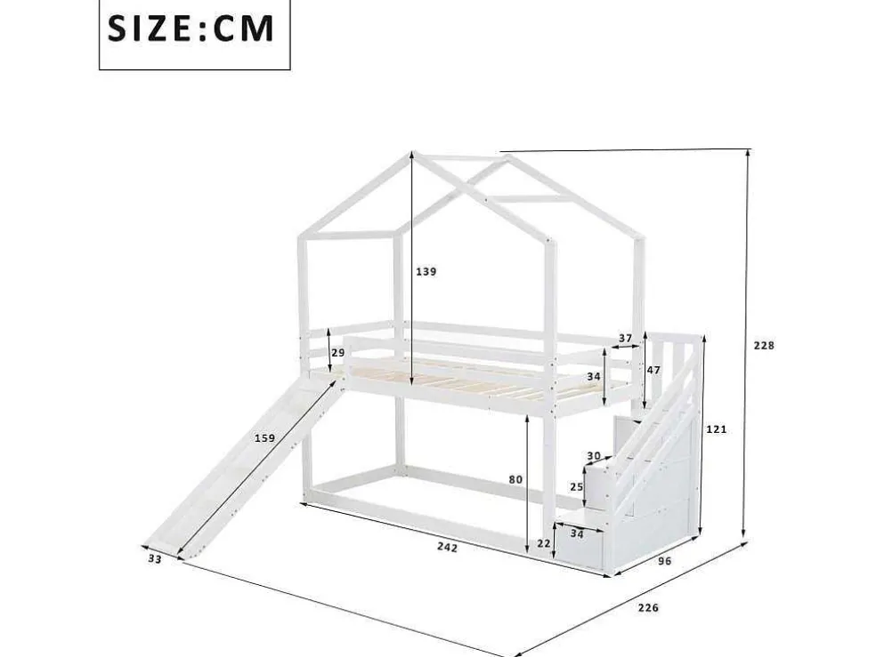 Massief Grenen Stapelbed 90X200Cm - Met Opbergtrap En Glijbaan - Wit