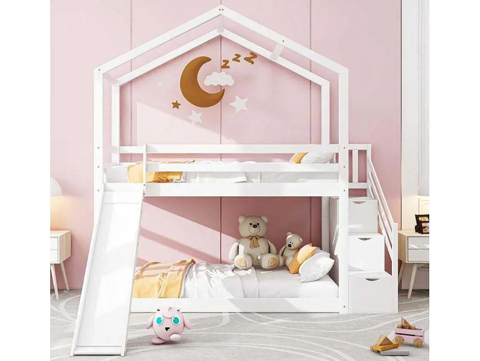 Massief Grenen Stapelbed 90X200Cm - Met Opbergtrap En Glijbaan - Wit