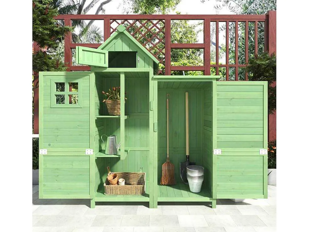 Massief Houten Tuinhuis Met Pvc Schuin Dak - 2 Planken 3 Klapdeuren - L118 X D54 X H173 Cm - Groen