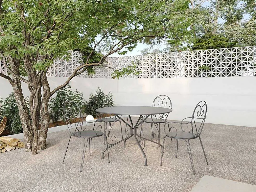 Metalen Tuineethoek Met Gietijzeren Stijl: Een Tafel D120 Cm En 4 Opstapelbare Fauteuils - Antraciet - Guermantes Van Mylia