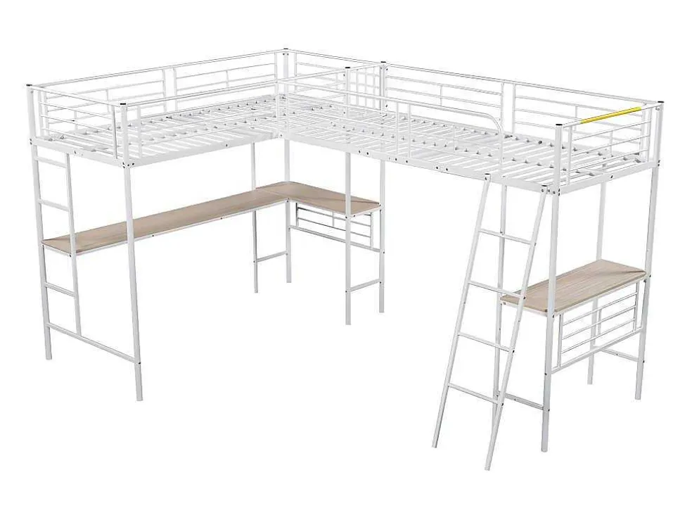 Mezzaninebed - 2 Bedden 90X200 Cm - 2 Bureaus Onder Het Bed - Wit