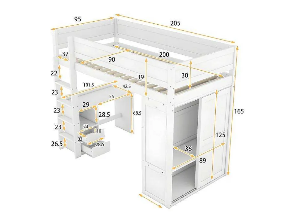 Mezzaninebed 90X200Cm - Multifunctioneel Kinderbed - Voorzien Van Kledingkast En Bureau - In Massief Grenen - Wit