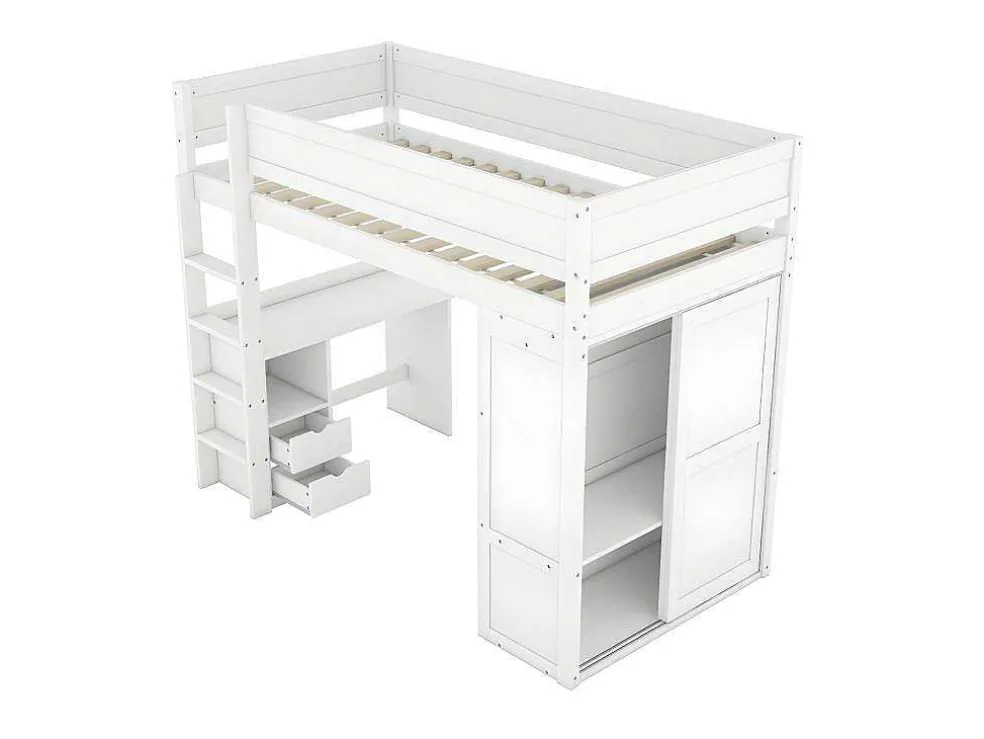 Mezzaninebed 90X200Cm - Multifunctioneel Kinderbed - Voorzien Van Kledingkast En Bureau - In Massief Grenen - Wit