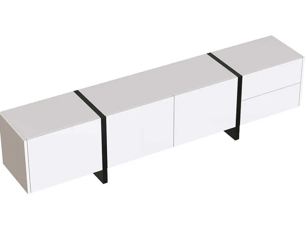 Modern Tv-Meubel 190Cm Met 3 Deuren En 2 Lades - Glanzend Wit & Zwart