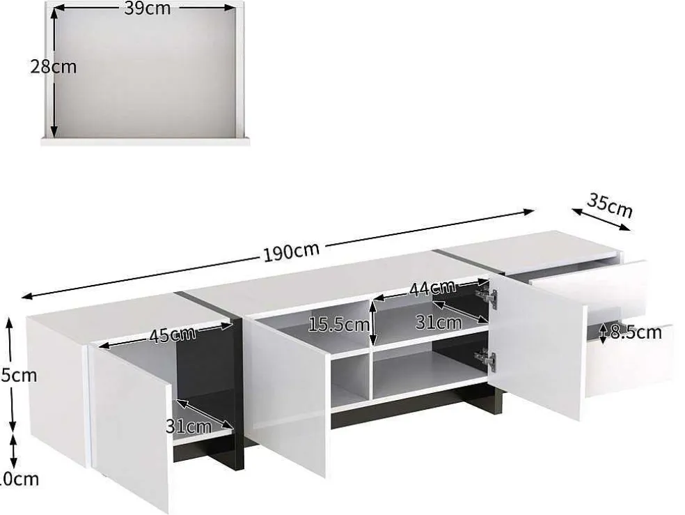 Modern Tv-Meubel 190Cm Met 3 Deuren En 2 Lades - Glanzend Wit & Zwart