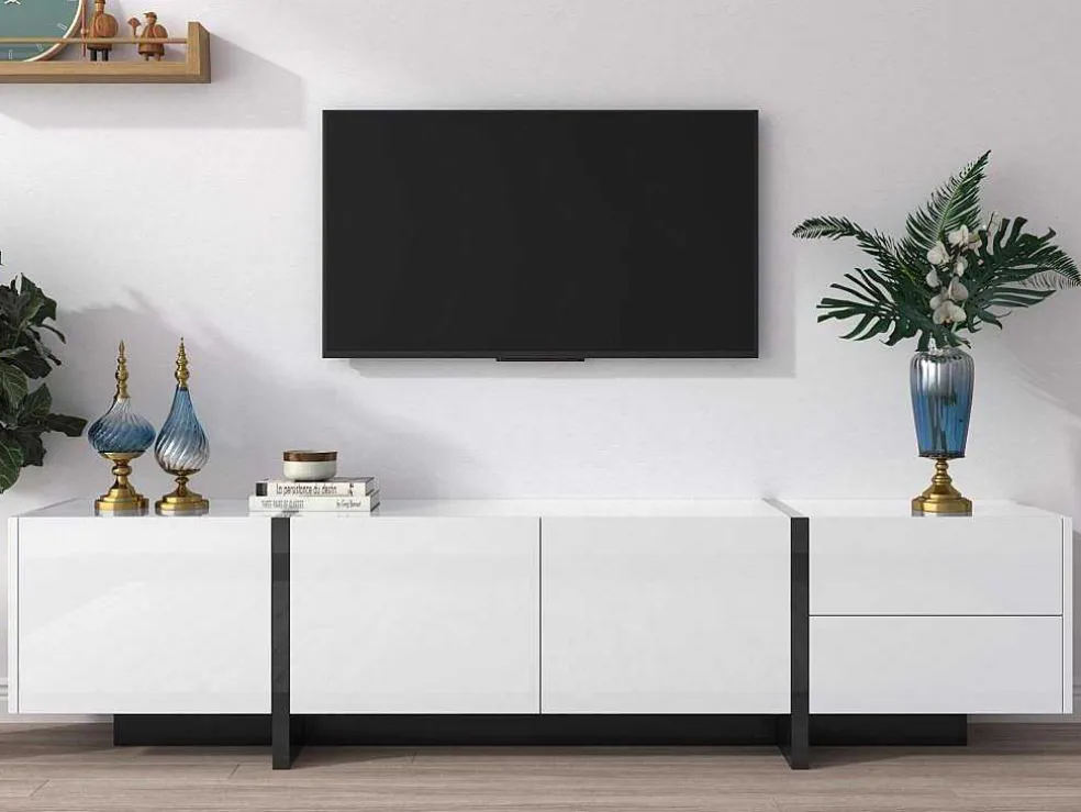 Modern Tv-Meubel 190Cm Met 3 Deuren En 2 Lades - Glanzend Wit & Zwart