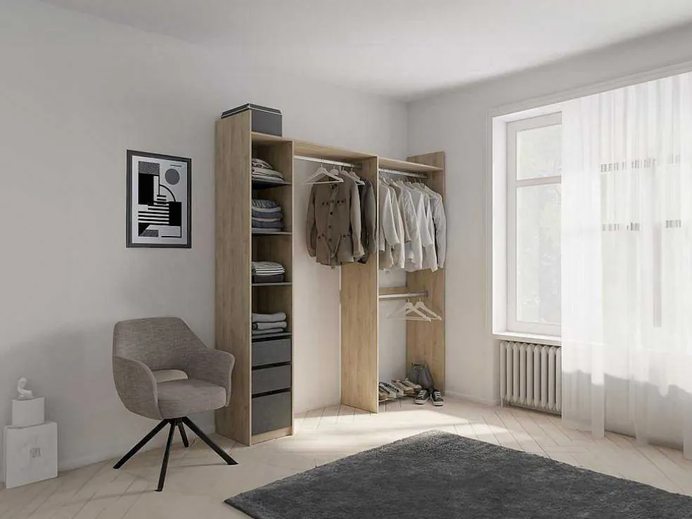 Moduleerbare Kleerkast Hoek Of Recht - L200 Cm - Kleur: Naturel En Zwart - Emilyo