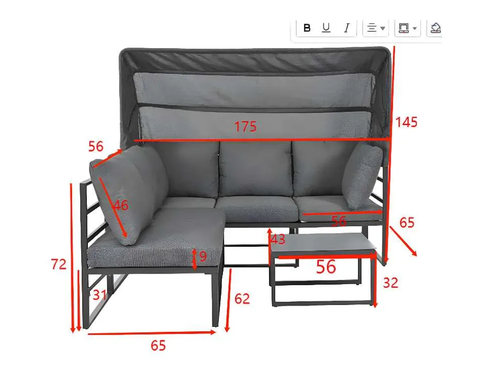Multifunctioneel Ijzeren Tuinmeubel - Loungebank Met Verstelbare Luifel - 5 Zitplaatsen En 1 Salontafel - Grijs