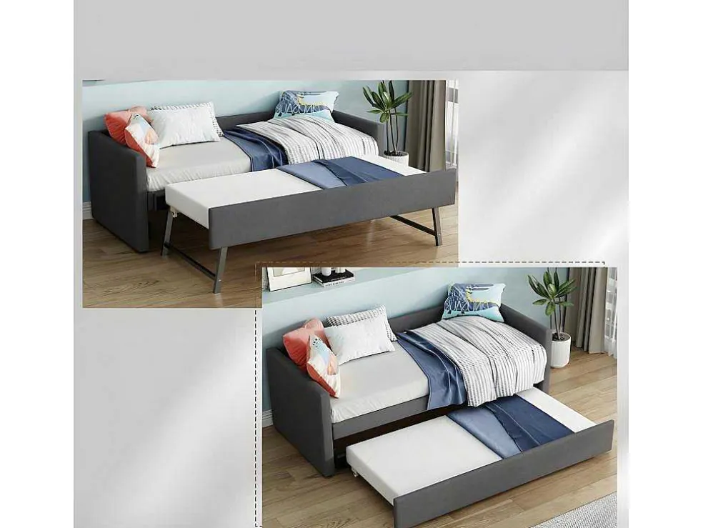 Multifunctioneel Onderschuifbed Met Opklapbed - 90X200 Cm - Linnen Stof - Grijs