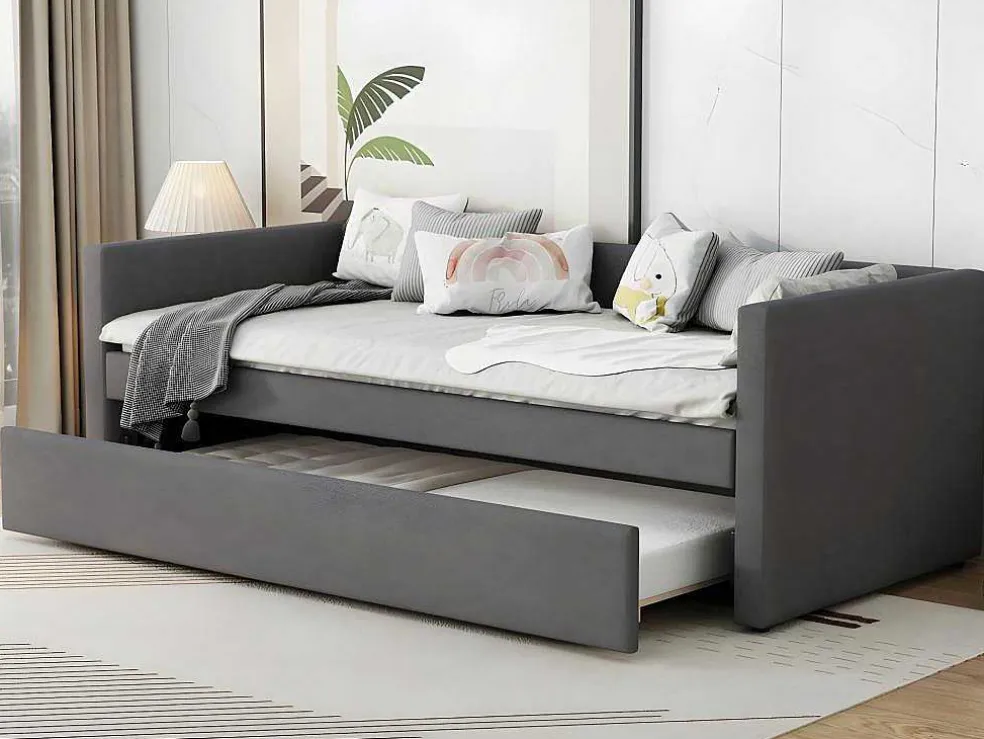 Multifunctioneel Onderschuifbed Met Opklapbed - 90X200 Cm - Linnen Stof - Grijs